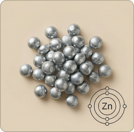 A pile of small, metallic zinc spheres with a diagram of a zinc atom in the corner.