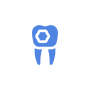 A blue icon of a tooth with a filling inside a white circle on a black background.