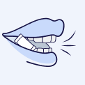 A stylized illustration of a mouth with a small white pouch between the teeth and lip.