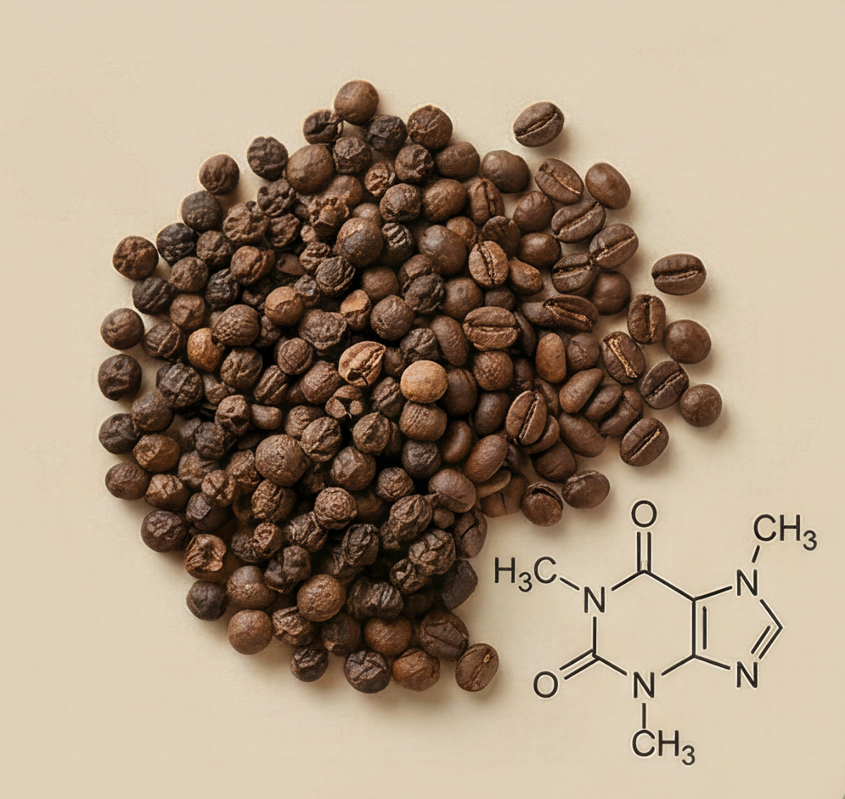A pile of roasted coffee beans and peppercorns next to the chemical structure of caffeine on a beige background.