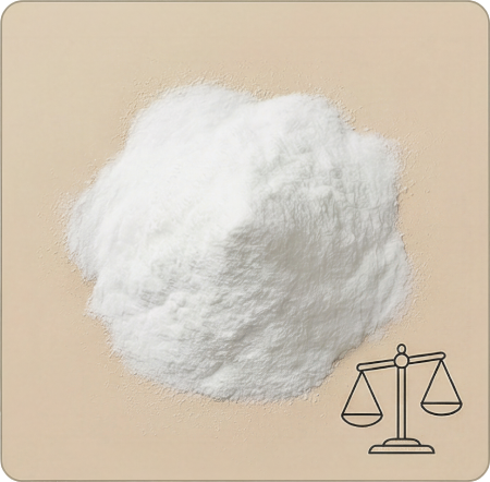 A top-down view of a pile of white powder with a scale icon in the corner.