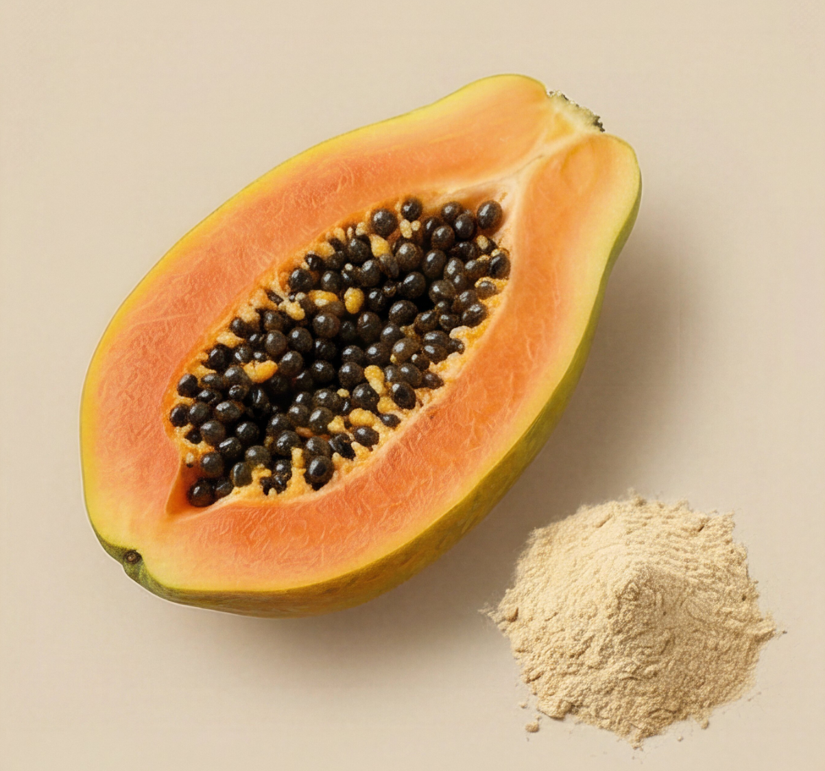 A pile of roasted coffee beans and peppercorns next to the chemical structure of caffeine on a beige background.