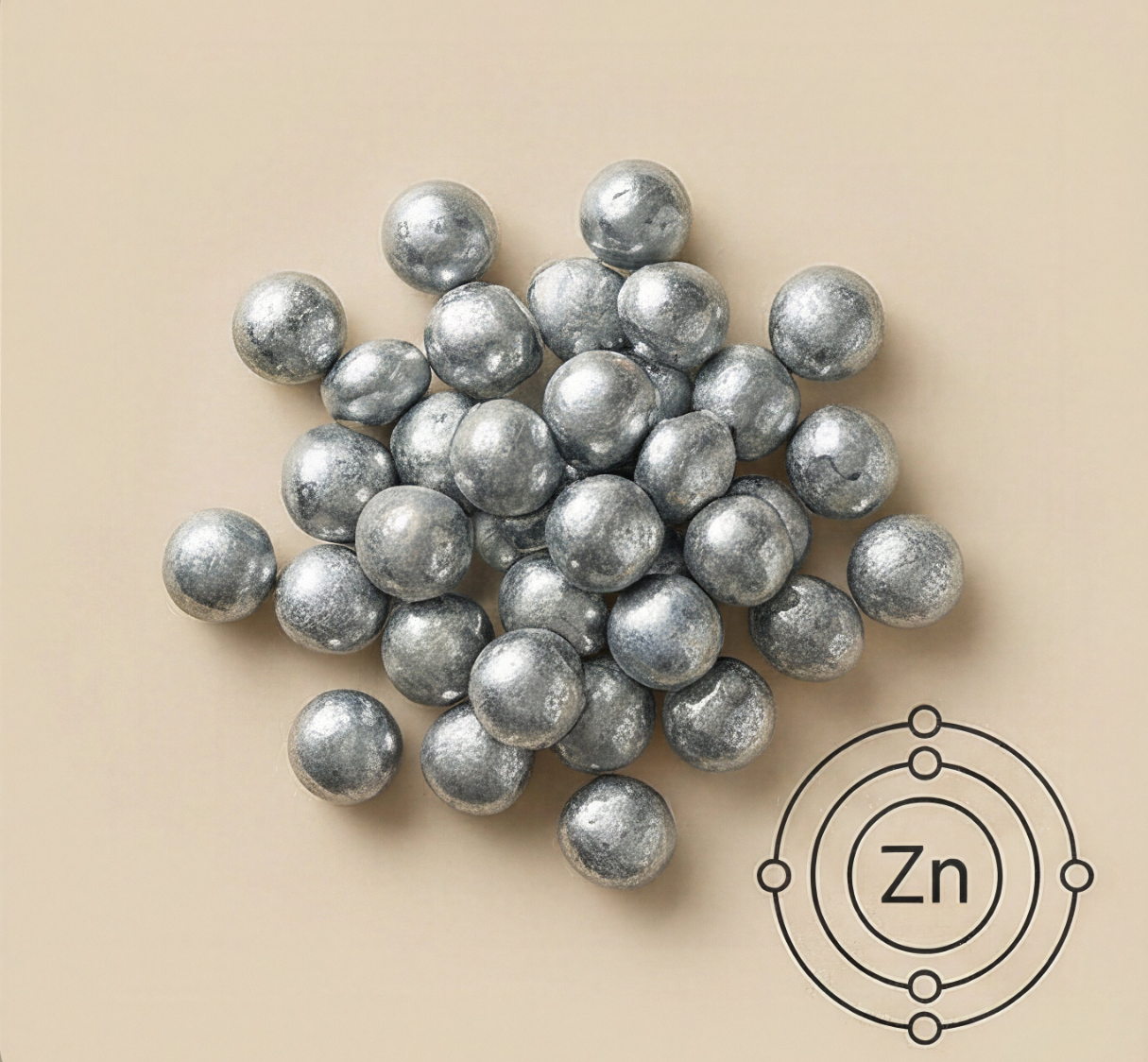 A pile of metallic zinc spheres on a light background, with a diagram of a zinc atom.