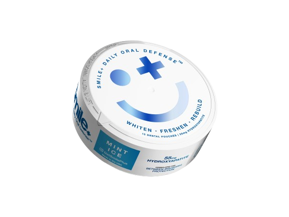A white, round container of Smile+ Daily Oral Defense Mint Ice dental pouches against a white background.