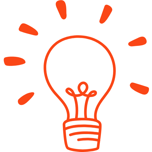 Simple line drawing of a light bulb with orange rays.