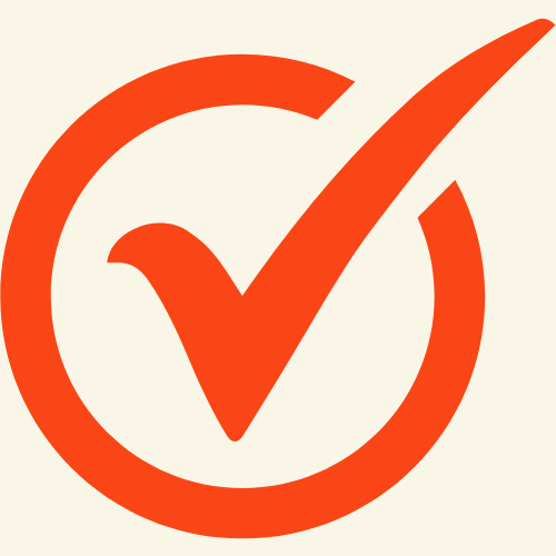 Red check mark inside a red circle on a cream background.