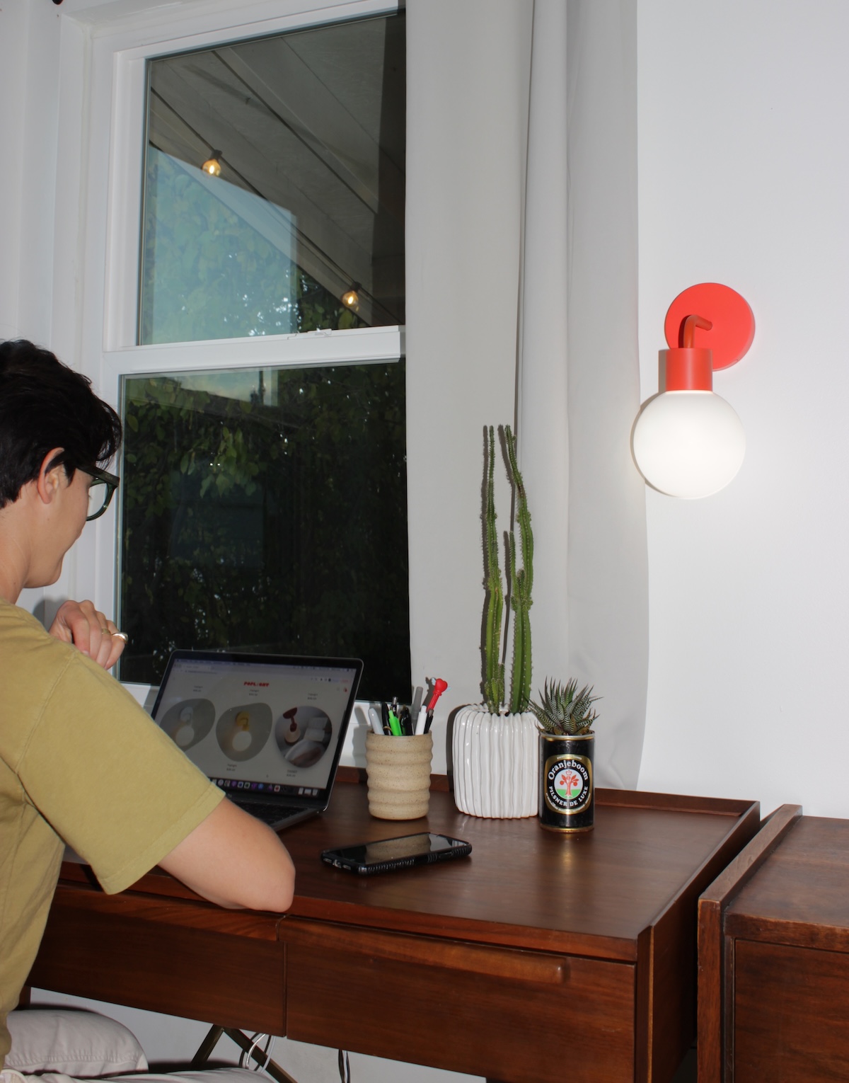 Person using a laptop at a wooden desk with plants and a wall light.