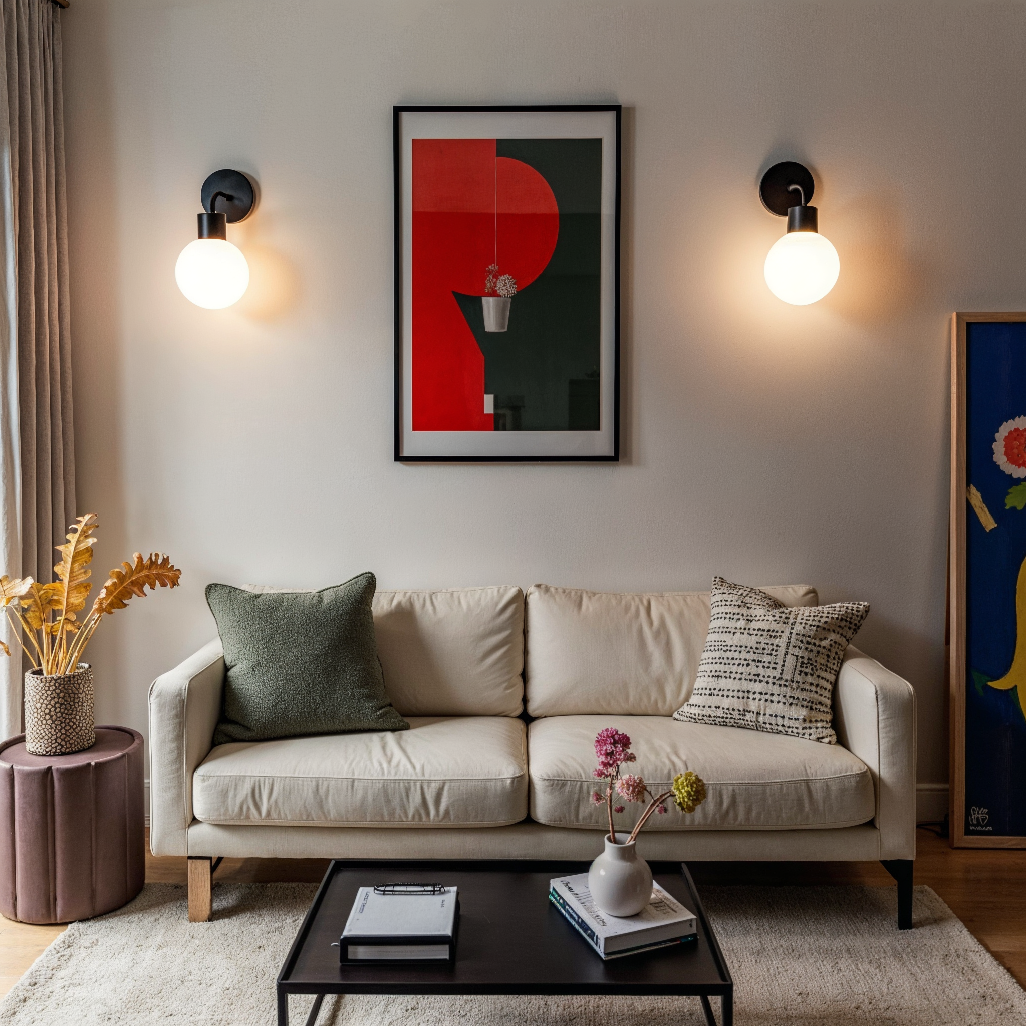Cozy living room with a beige sofa, wall art, and decorative lighting.