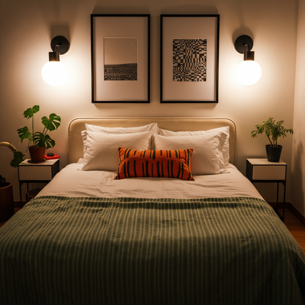 A cozy bedroom with a neatly made bed, plants, and wall-mounted lighting.