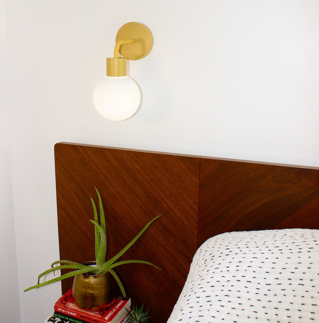 Wooden headboard with wall light, books, and a potted plant.