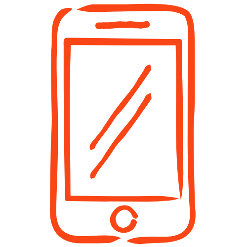 Simple orange outline of a smartphone with two diagonal lines on the screen.