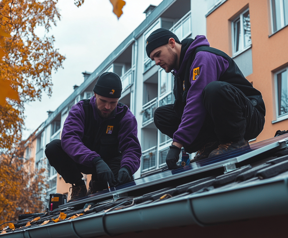 Two workers in purple hoodies installing solar panels on a rooftop.