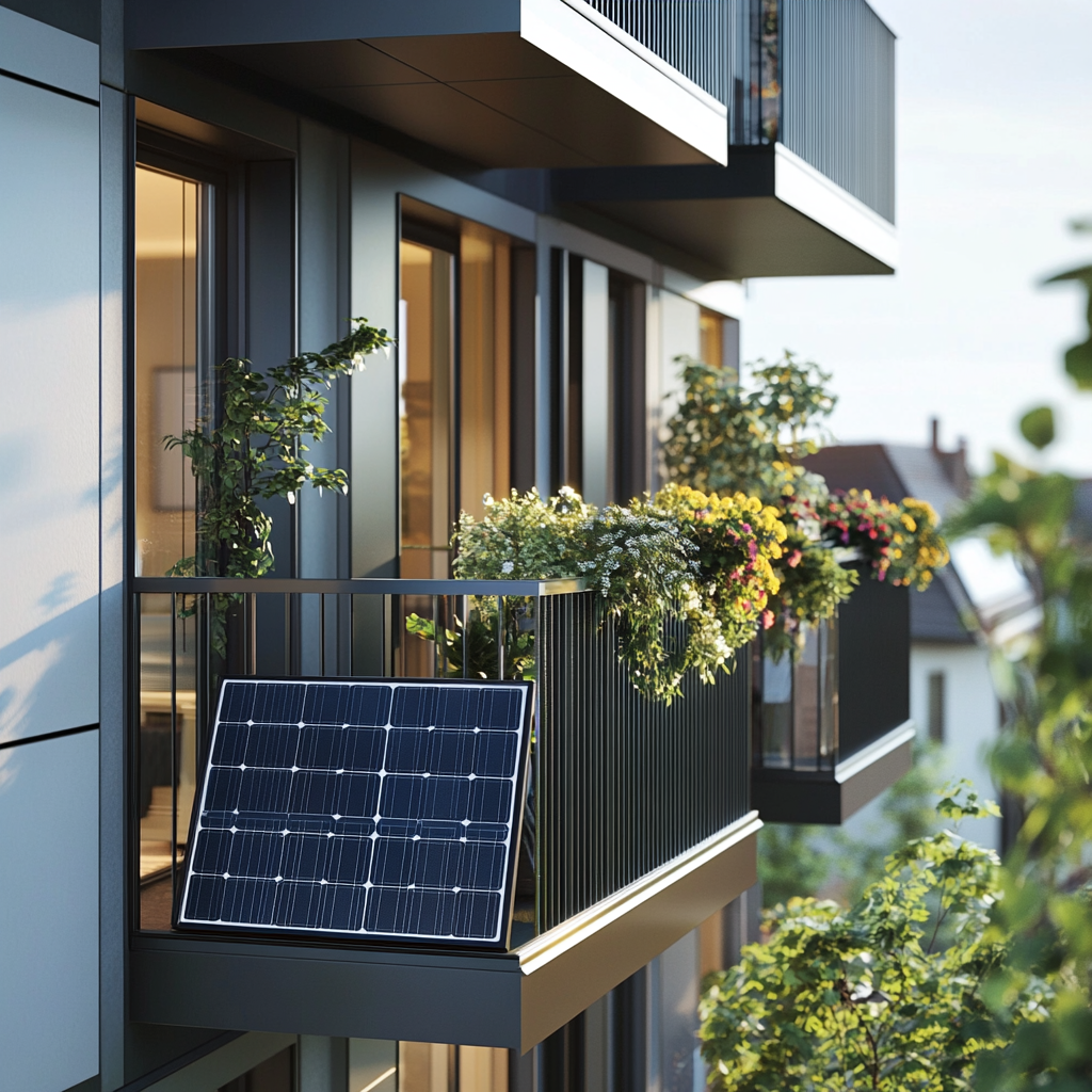 Balcony with solar panel and colorful flowers in a modern building.