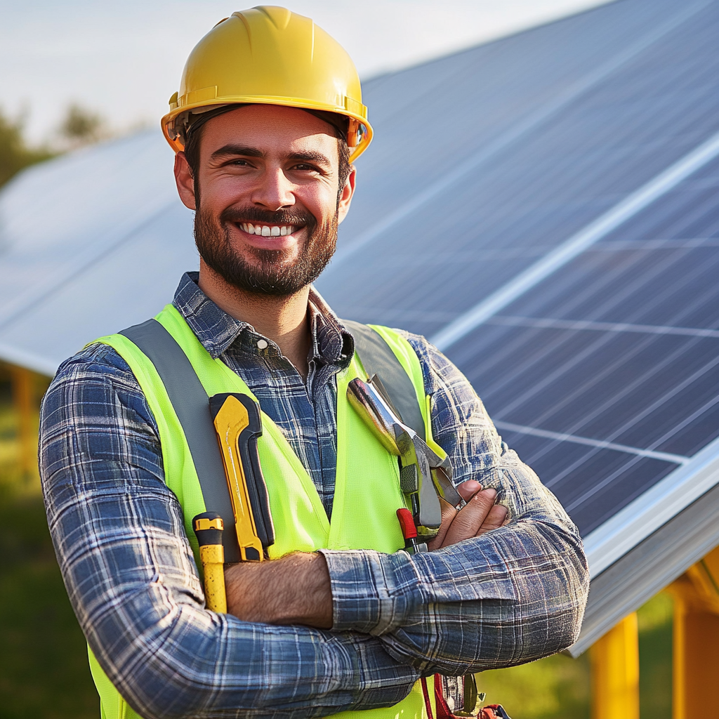 Smiling worker in safety gear standing in front of solar panels.