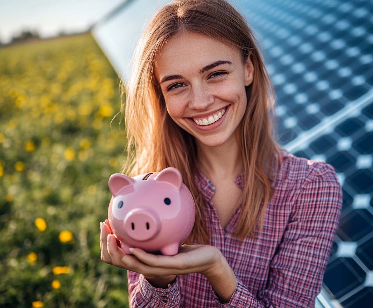 Smiling woman holding a piggy bank in front of solar panels.