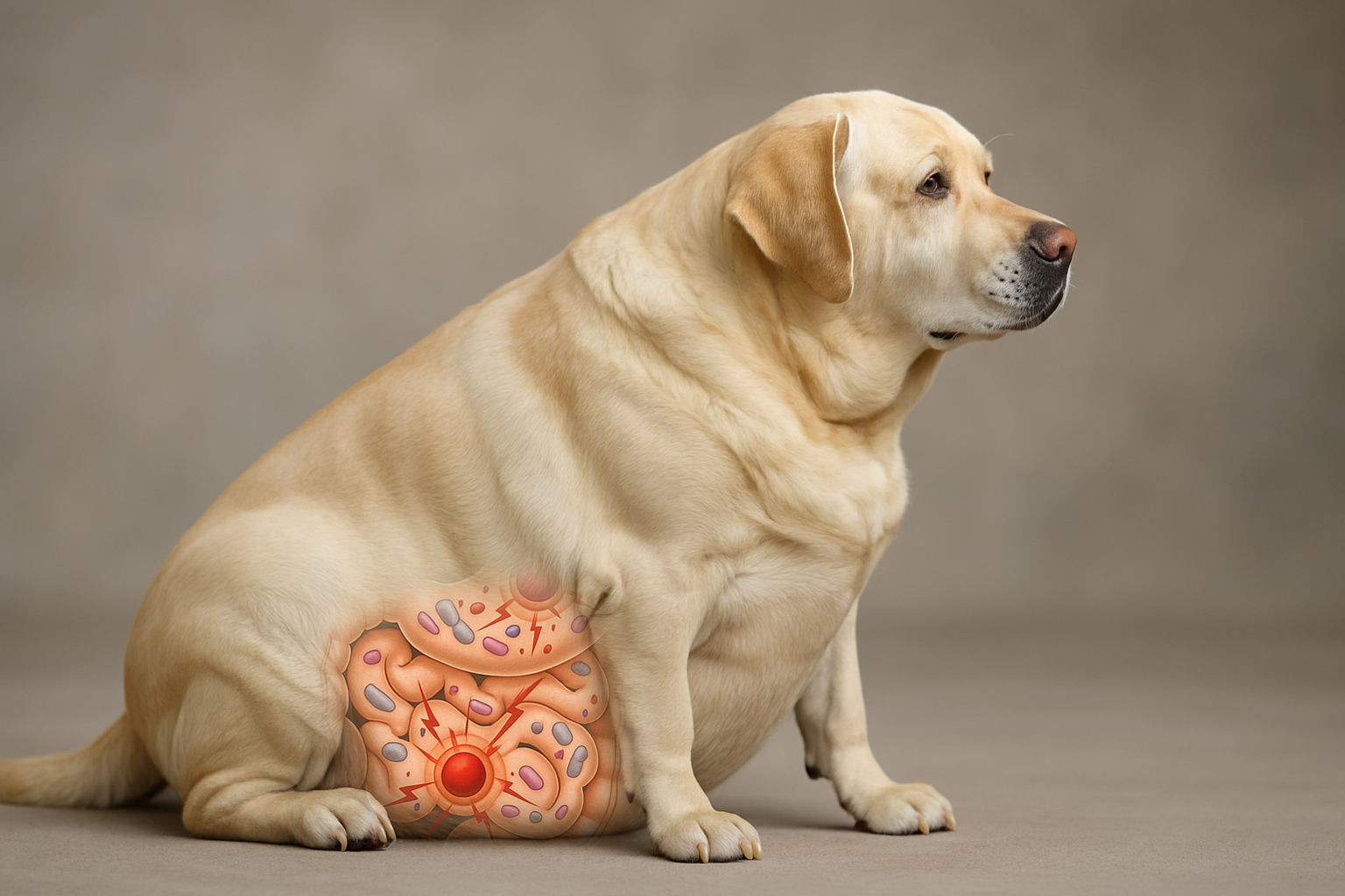 Labrador Retriever with an anatomical illustration of fat cells on its side.