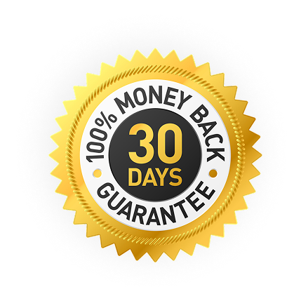 A gold badge with '100% Money Back Guarantee 30 Days' text.