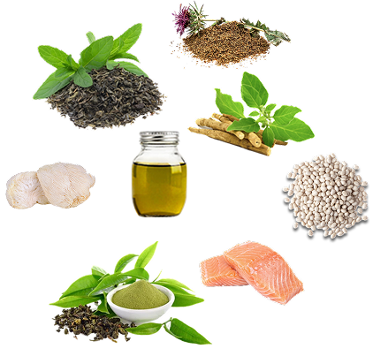Assorted herbs, spices, and ingredients with a jar of oil in the center.