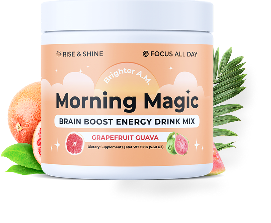 Energy drink mix in grapefruit guava flavor, surrounded by fruit illustrations.