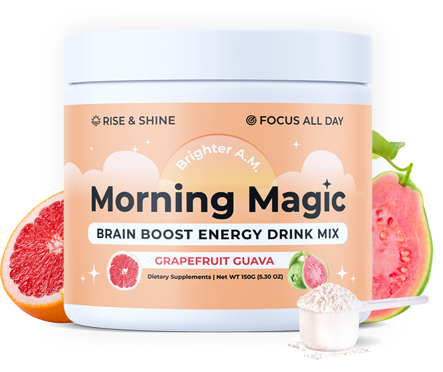 Energy drink mix container with grapefruit and guava flavor.