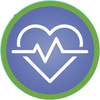A circular icon with a green border and a purple center, featuring a white heart with an EKG line.