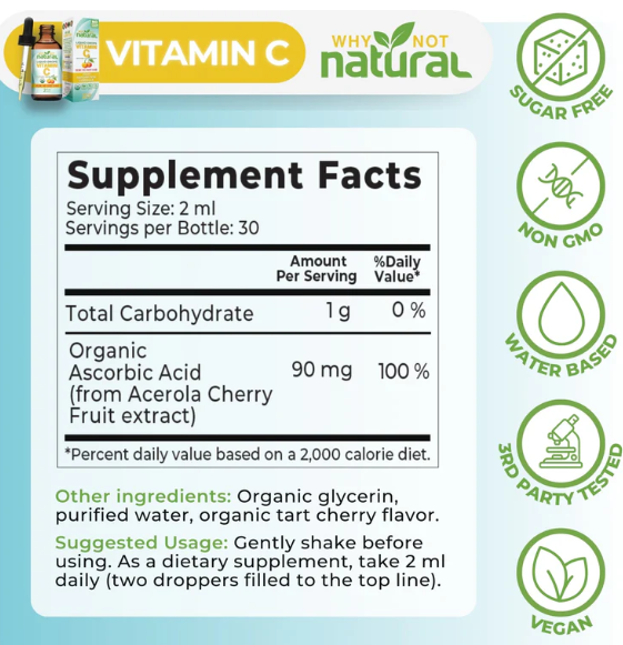 The supplement facts label for Why Not Natural Vitamin C, listing ingredients and nutritional information.