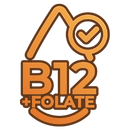An orange and brown badge-like icon with the text 'B12 +FOLATE' and a checkmark.