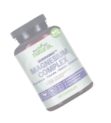 A tilted bottle of Why Not Natural Quadramag Magnesium Complex capsules against a green background.