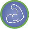 A white line drawing of a flexed bicep inside a circular green and purple icon.