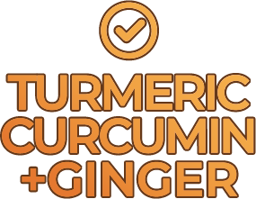 A logo with a checkmark icon above the words 'Turmeric Curcumin + Ginger'.