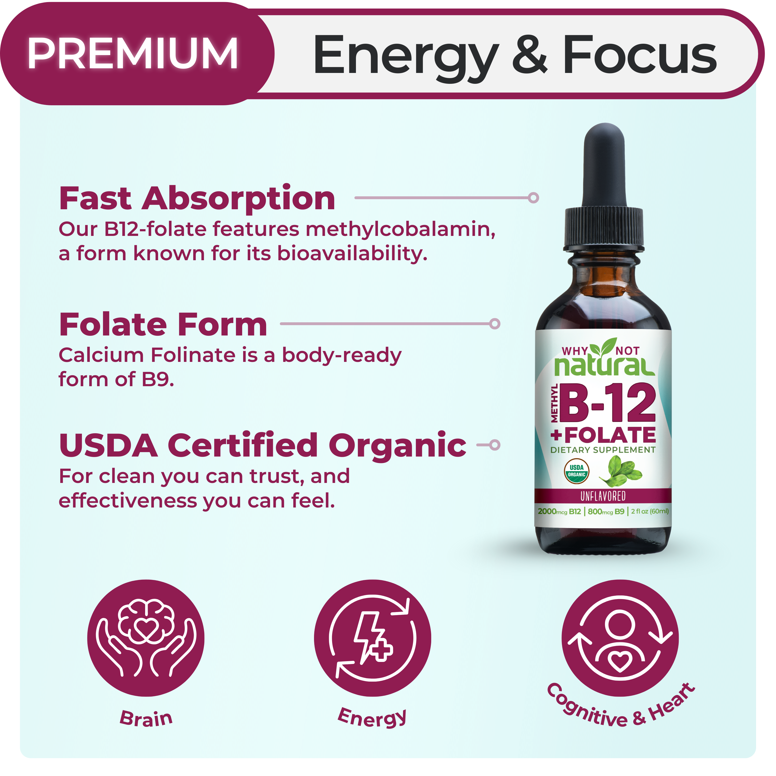 An ad for Why Not Natural B-12 + Folate supplement, listing its benefits for energy and focus.