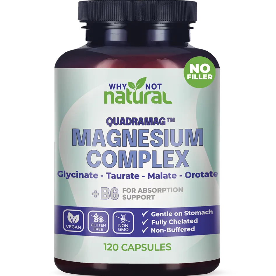 A bottle of Why Not Natural Quadramag Magnesium Complex capsules against a green background.