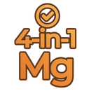 An orange and brown graphic that reads '4-in-1 Mg' with a checkmark icon above it.