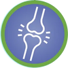 A circular icon with a white line drawing of a knee joint, suggesting inflammation or pain.