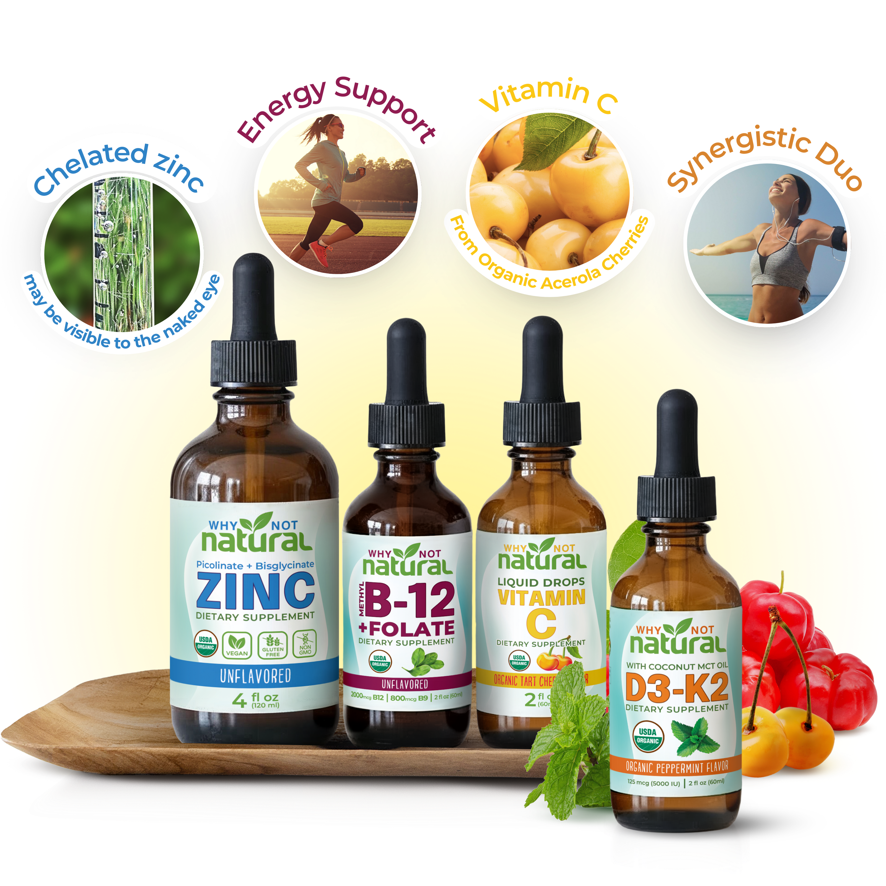 An advertisement showing four dropper bottles of Why Not Natural liquid dietary supplements on a wooden tray.