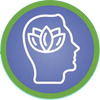 A circular icon with a line drawing of a human head profile containing a lotus flower.