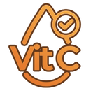 An orange and brown badge-style icon that reads 'Vit C' with a droplet and a checkmark.