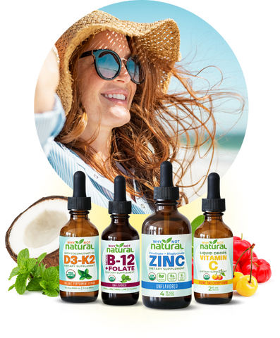 A smiling woman on a beach behind four bottles of Why Not Natural liquid vitamin supplements.