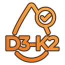 An orange and brown badge with the text D3-K2 and a magnifying glass with a checkmark.
