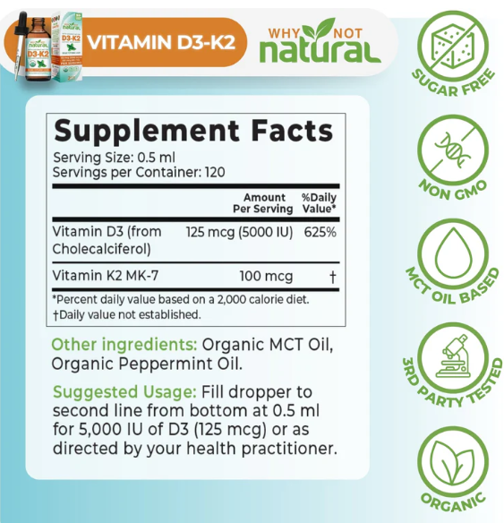 Supplement Facts label for Why Not Natural Vitamin D3-K2, listing nutritional information and ingredients.