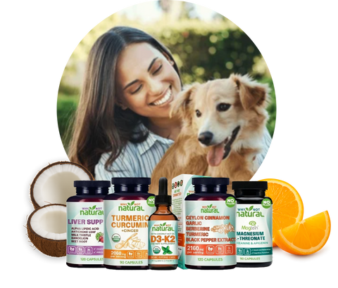 A smiling woman on a beach behind four bottles of Why Not Natural liquid vitamin supplements.