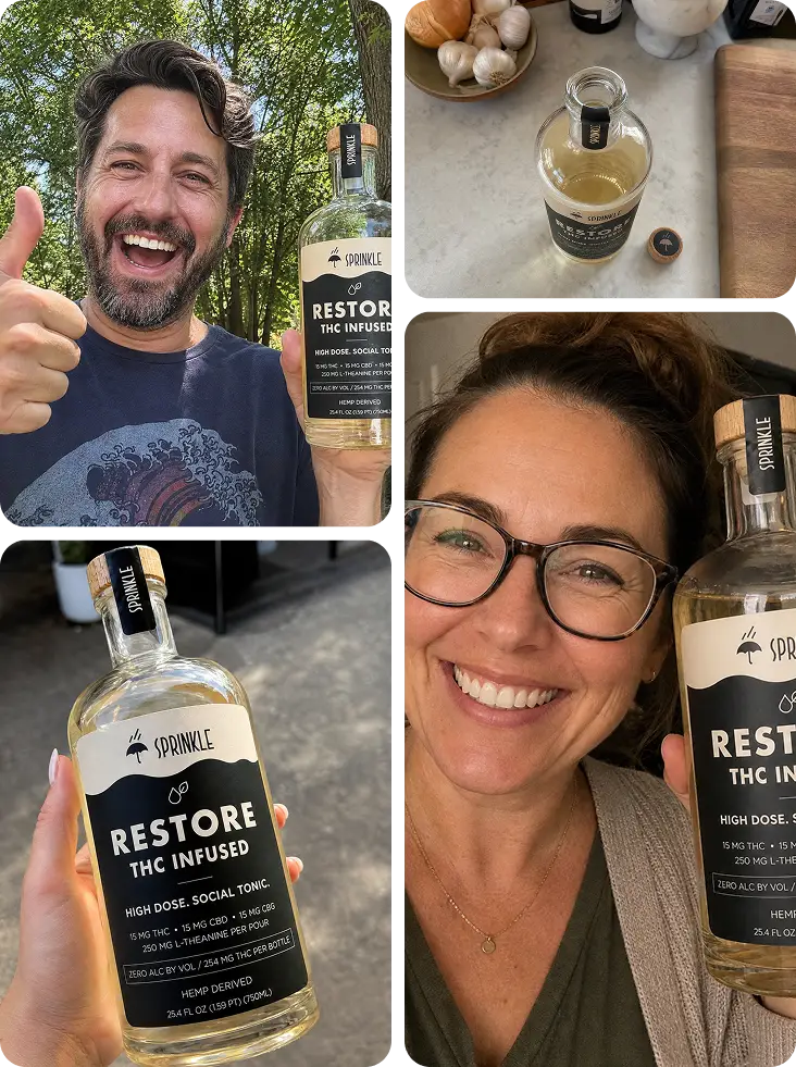 A photo collage of smiling people holding bottles of Sprinkle Restore THC Infused social tonic.