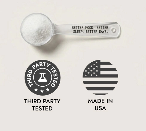 A scoop of white powder with 'Third Party Tested' and 'Made in USA' logos below it.