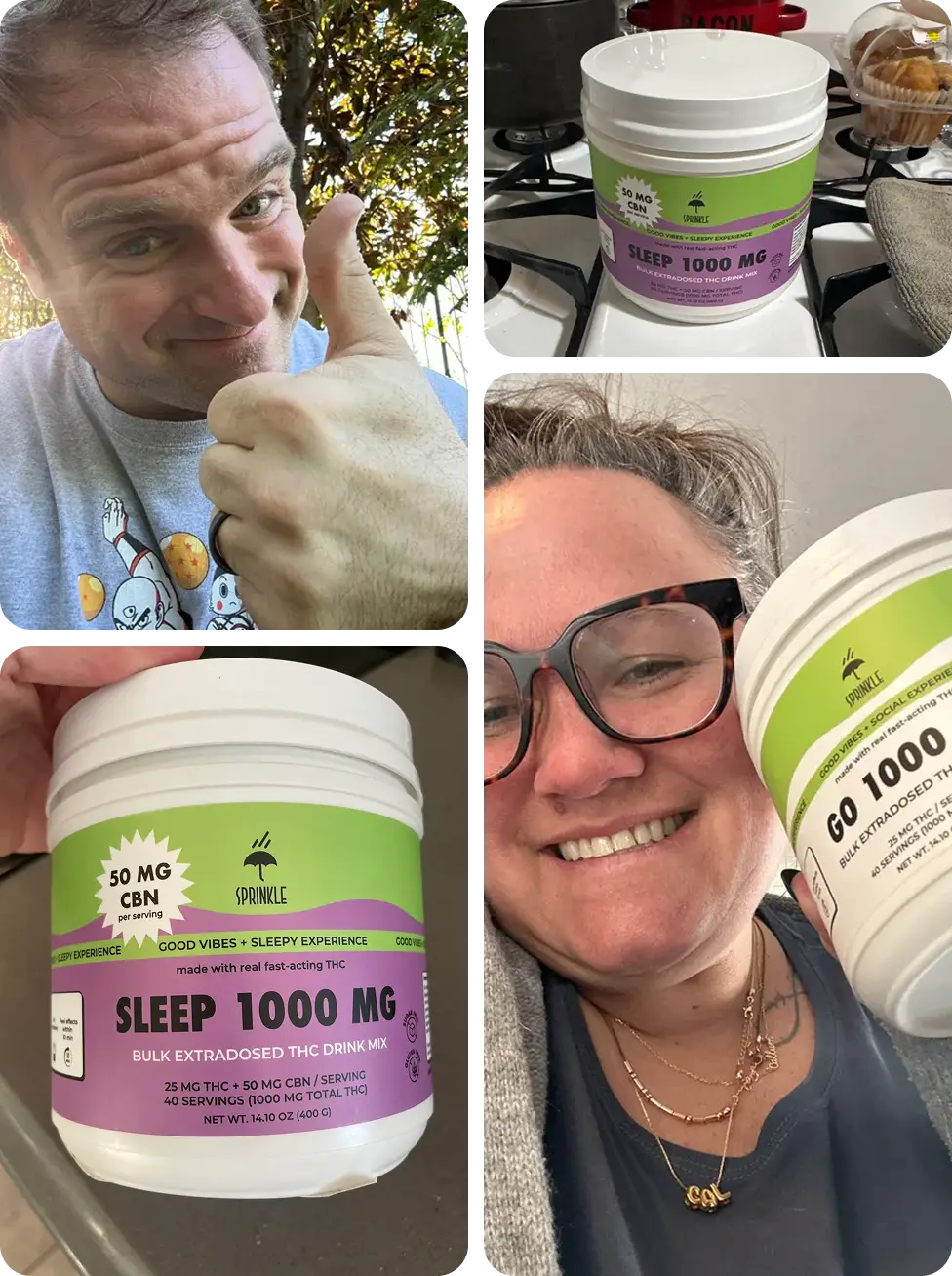 A photo collage of smiling customers holding Sprinkle brand 'SLEEP' and 'GO' drink mix products.