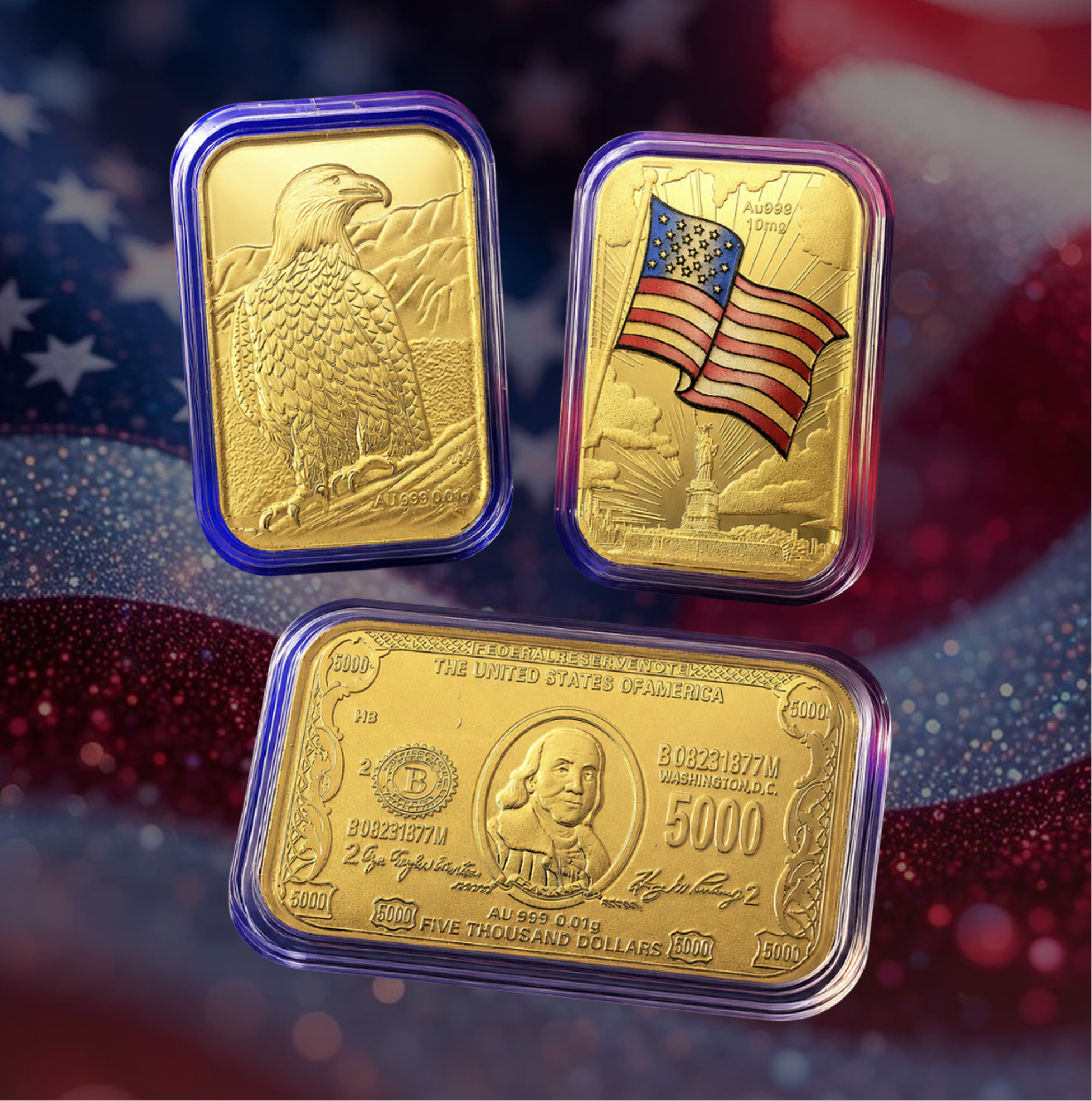Three commemorative gold bars with patriotic American designs set against a blurred American flag background.