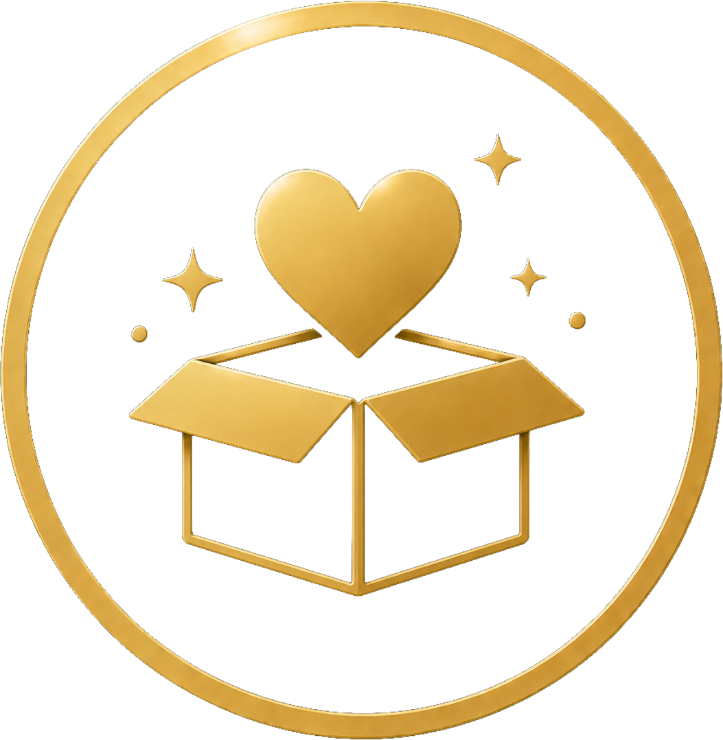 A gold icon of a heart with sparkles floating out of an open box inside a circle.