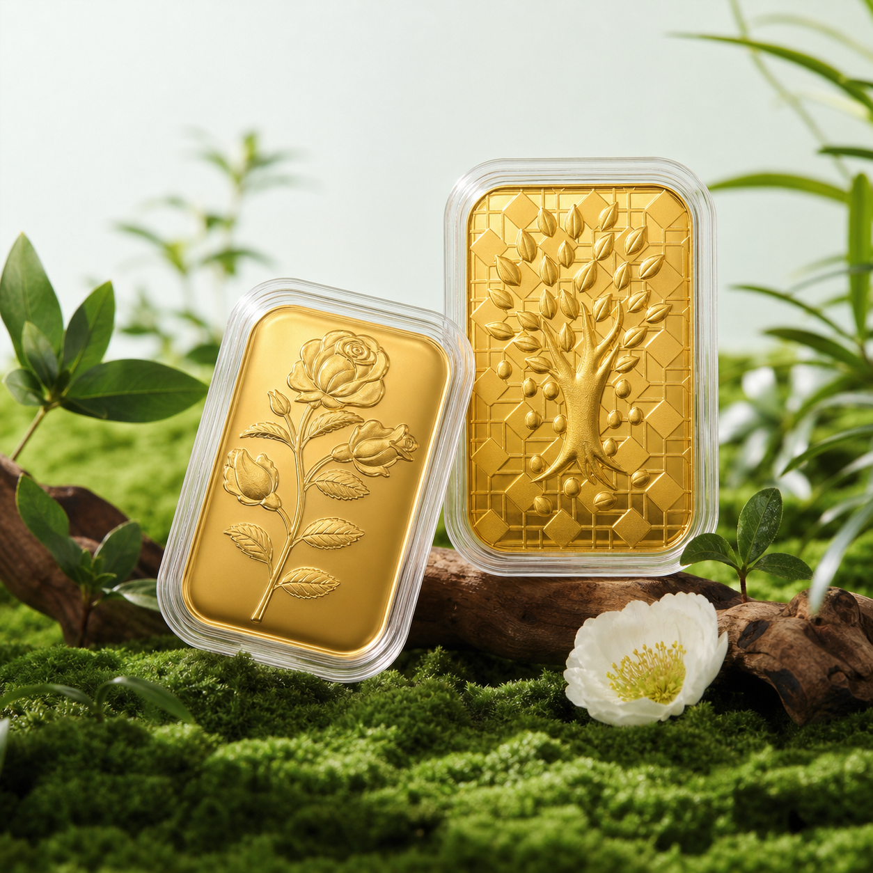 Two gold bars, one with a rose and one with a tree, resting on a bed of moss.