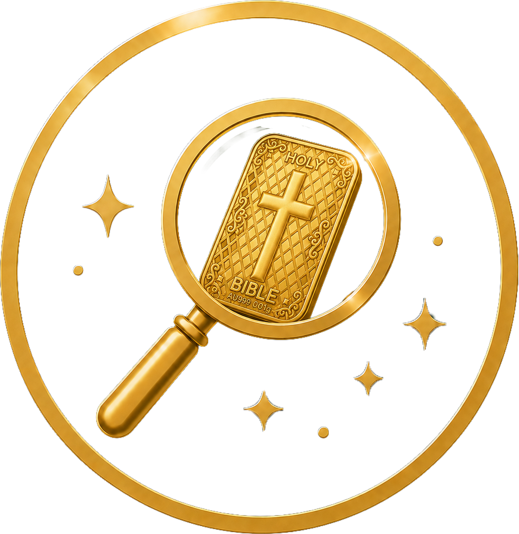 A gold magnifying glass examining a small gold bar engraved with the words 'HOLY BIBLE' and a cross.