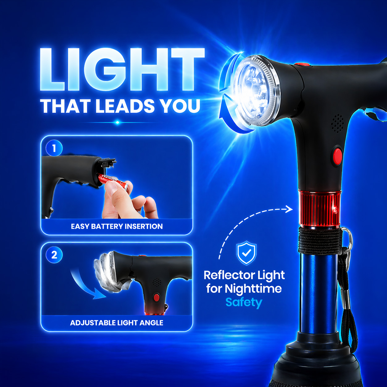 An advertisement for a walking cane with a built-in adjustable light, reflector, and instructions for use.