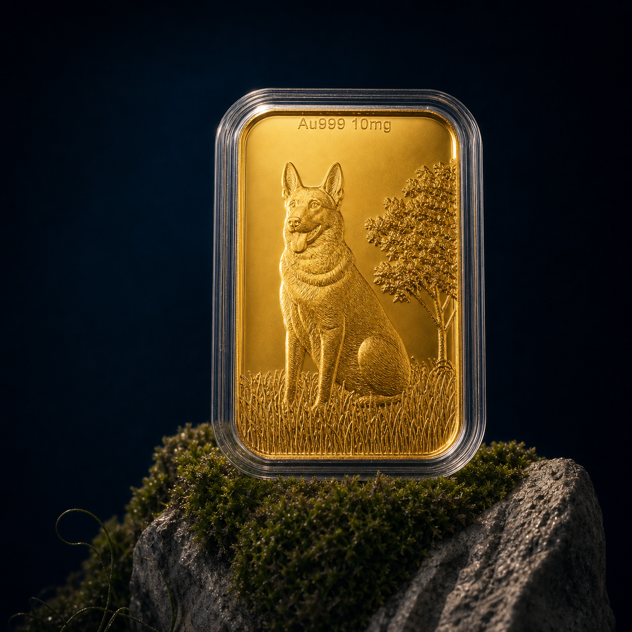 The Guardian German Shepherd 24K gold embossed sheet resting on moss-covered stone